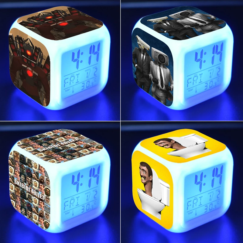 

Skibidi Toilet Pattern Alarm Clock 7 Colors Changing Display Time Date Portable Led Digital Clock Children Desk Clock Kids Gifts