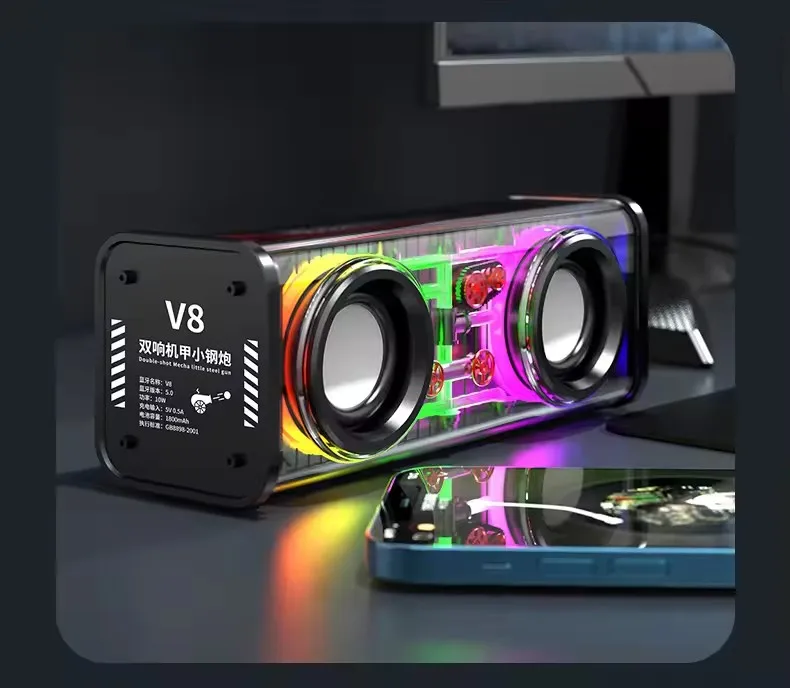 TWS V8 Transparent Mecha Leistungsstarke Lautsprecher RGB Licht Bluetooth Wireless Surround Bass Subwoofer Musik Mini Home Party Lautsprecher