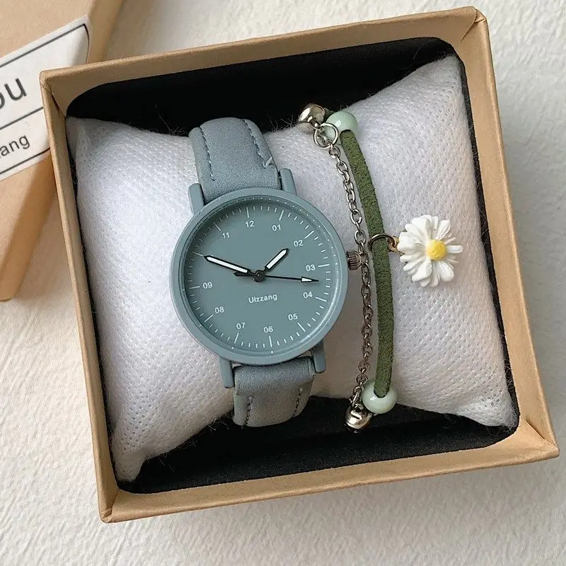 Korean Retro Harajuku Style Dark Green Girl Frosted Leather Quartz Watch Delivery Box Bracelet Children\'s Birthday Gift Clock