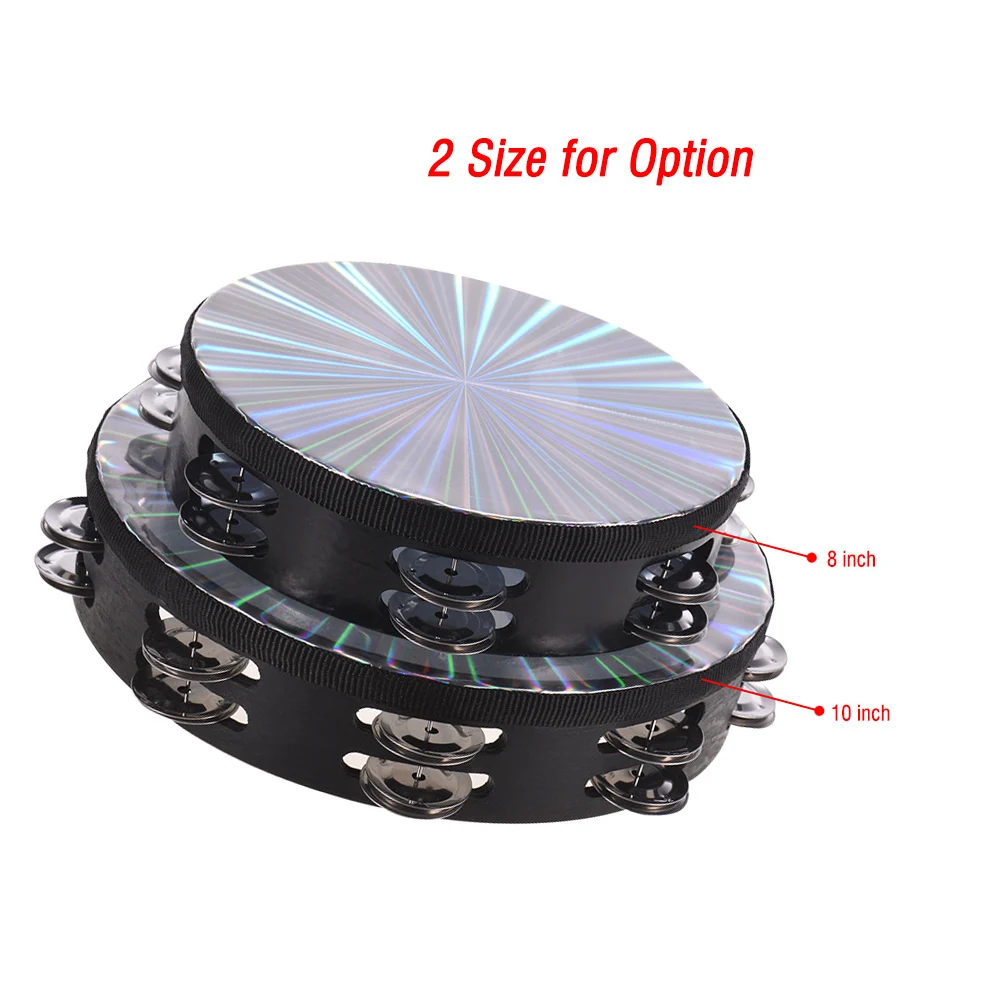 10 Inch Wooden Radiant Tambourine Handbell Hand Drum Double Row Jingles Reflective Drum Head Musical Percussion Instrument hand tambourine wooden hand bells