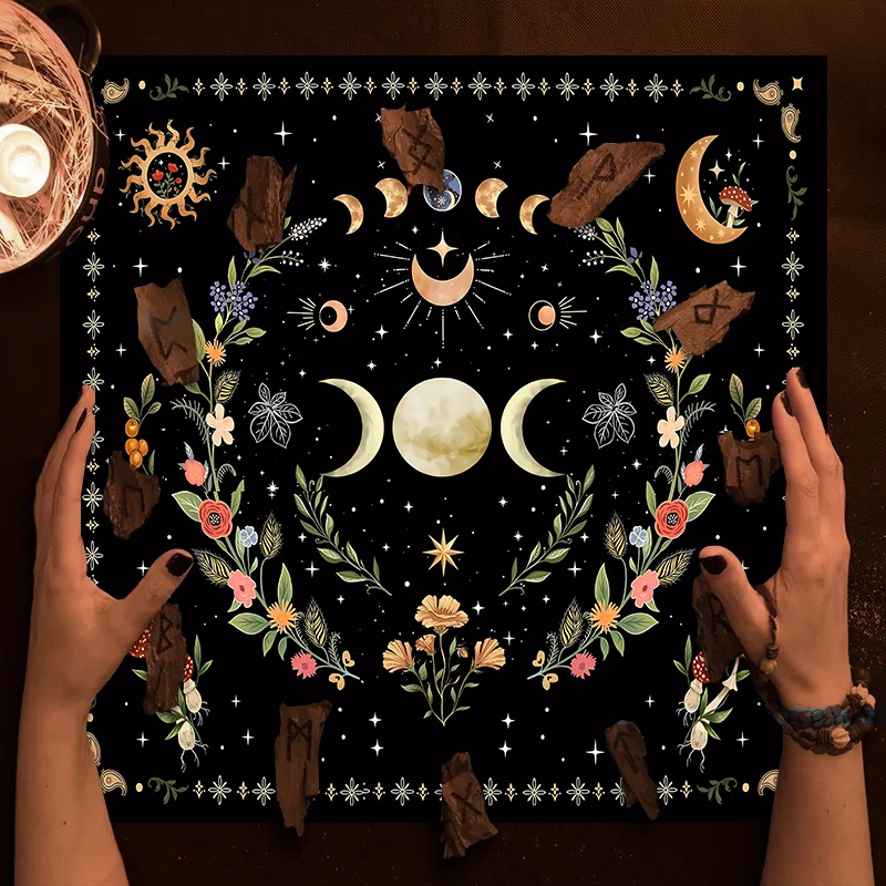 Tarot Table Cloth Triple Moon Floral Botanical Tarot Cloth Alter Tarot Table Cloth For Divination