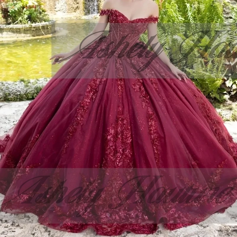 Mexican Wine Red Women Birthday Party Dresses Ball Gown Lace Applique Bow Vestido De xv Anos 15 Quinceanera Prom Wear