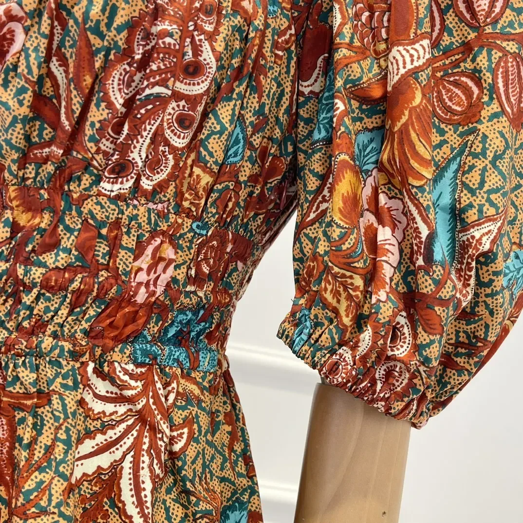 Cotton 2023 New Top Quality Floral Print Vintage Puff Sleeve Pleated Elastic Drawstring Waist Holiday Style Woman Playsuits