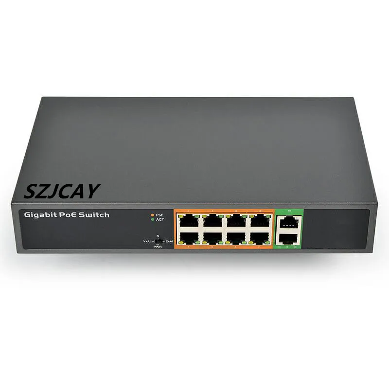 Szjcay Ip Camera Voeding 8 Poorten Poe Switch 1000Mbps Netwerk Standaard Poe 2 Poorten Ethernet Uplink 150W Ieee802.3af/At 30W