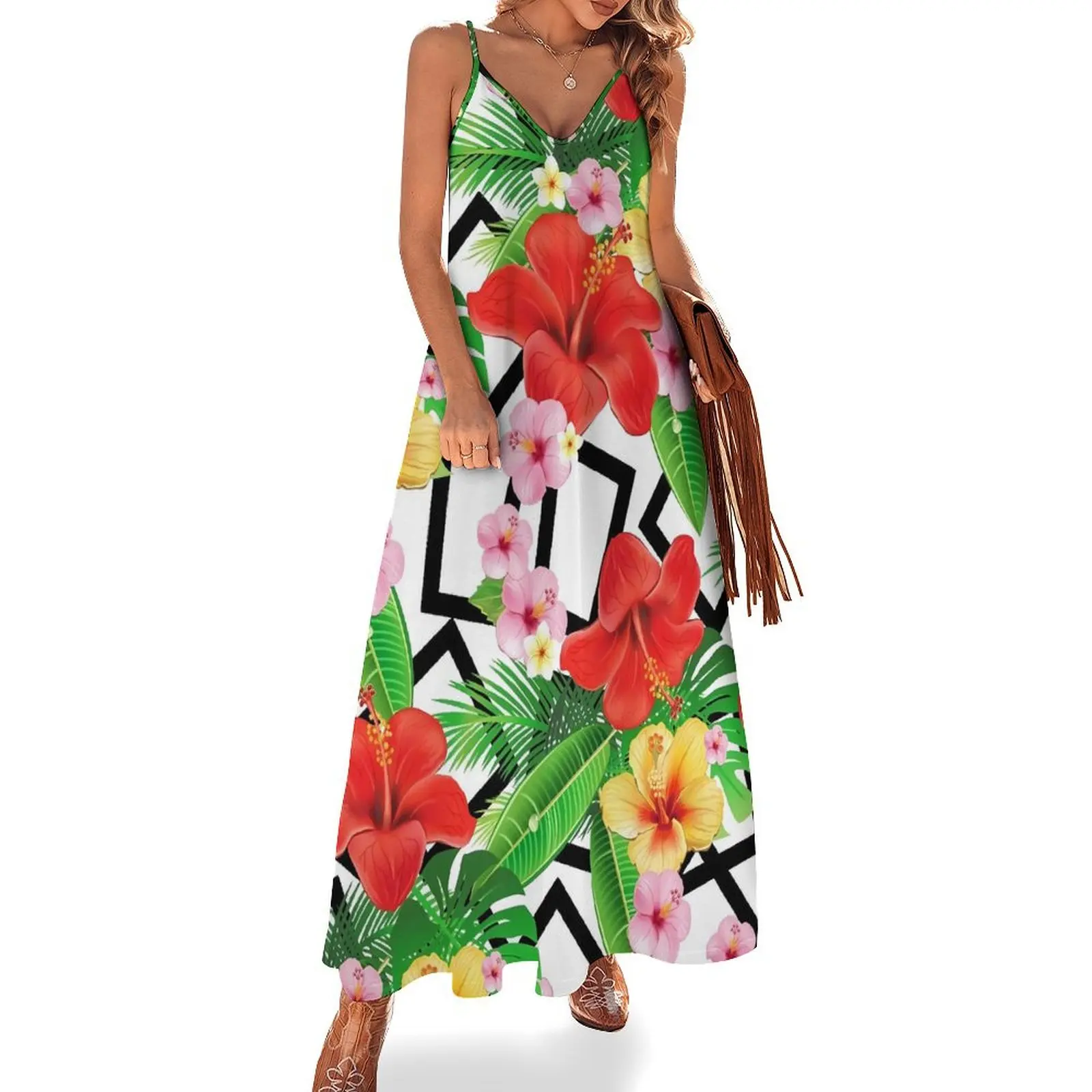 

Lily Floral Dress Flowers and Geometric Maxi Dress Straps Street Wear Casual Long Dresses Summer V Neck Big Size Vestidos
