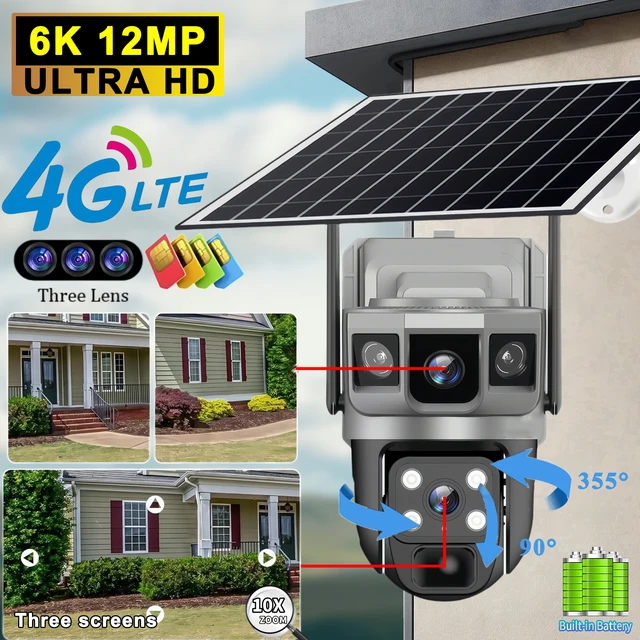 Caméra IP solaire à double objectif 12MP, trois écrans, 4G, 6K, webcam de sécurité extérieure, vision nocturne PIR, caméra de surveillance domestique étanche, suivi automatique, alarme et vision nocturne couleur, caméra étanche IP66, caméra de surveillance 4G alimentée par batterie rechargeable 1