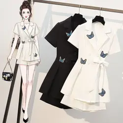 Safari ternos para mulher manga curta terno conjunto 2 peças terno jaqueta borboleta arco cinto menina escritório casaco branco coreano bonito roupas