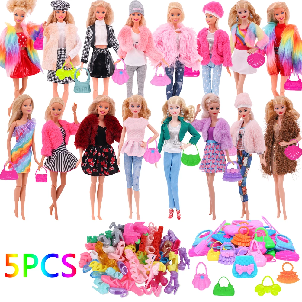 5PCS Barbies Doll Clothes Accessories Set=1 Clothes+2PCS Shoes+2PCS Bags Fit 1/6 BJD Doll Toys For Girls Barbies Clothes Shoes 1 2pcs 40cm colorful pu leather bags handle single shoulder handbag strap gold metal buckle purse handles woven bag accessories