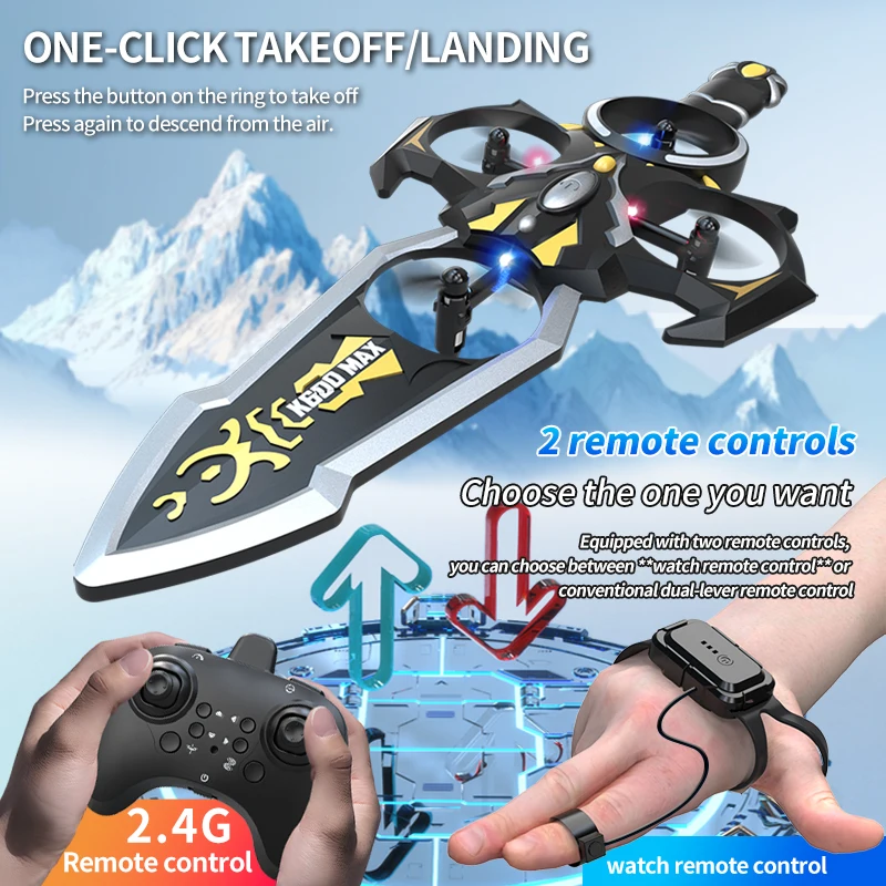 Vue rapprochée du drone jouet avec télécommande, hélices en rotation et caméra orientable.