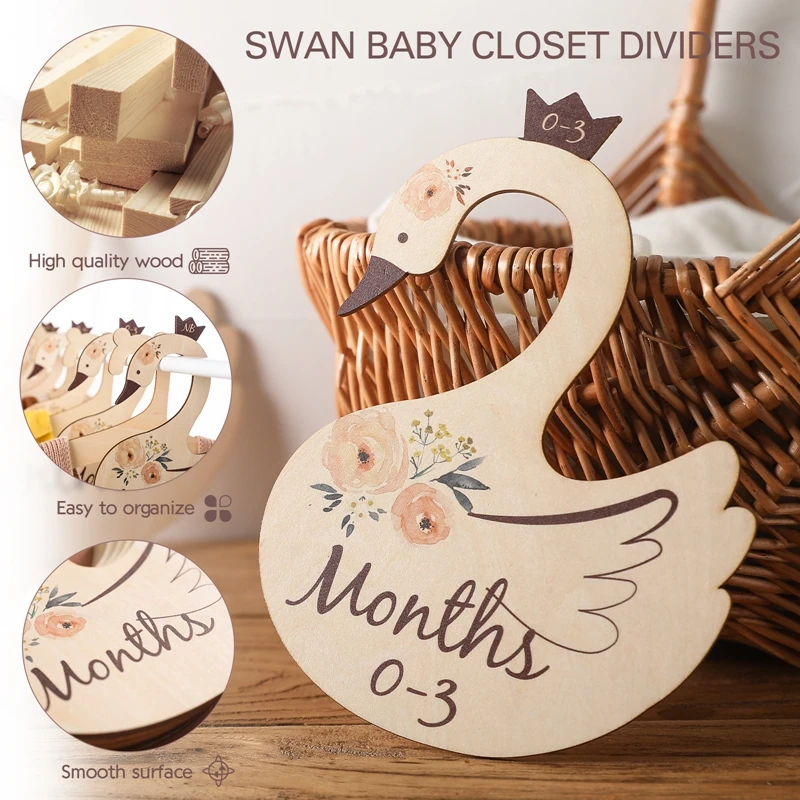 Wooden Cartoon Swan Baby Closet Dividers & Nursery Clothes Organizers with Monthly Growth Recording Cards