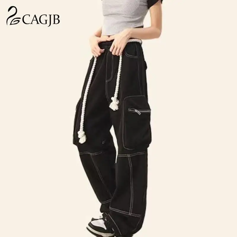 

Elastic Waist High Waist Loose Oversized High Street Cargo Pants Fashion Bottom Women Y2k Korean Large Pocket Drawstring Overall