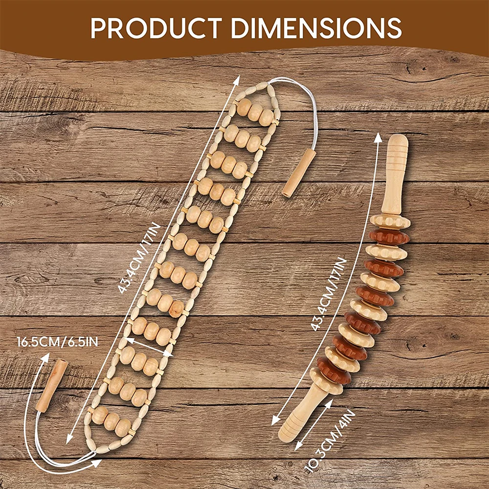 2PCS Wood Therapy Massage Tools,Wooden Massage Roller Stick,Back Massager Roller Rope,Maderoterapia Kit Colombiana for Lymphatic