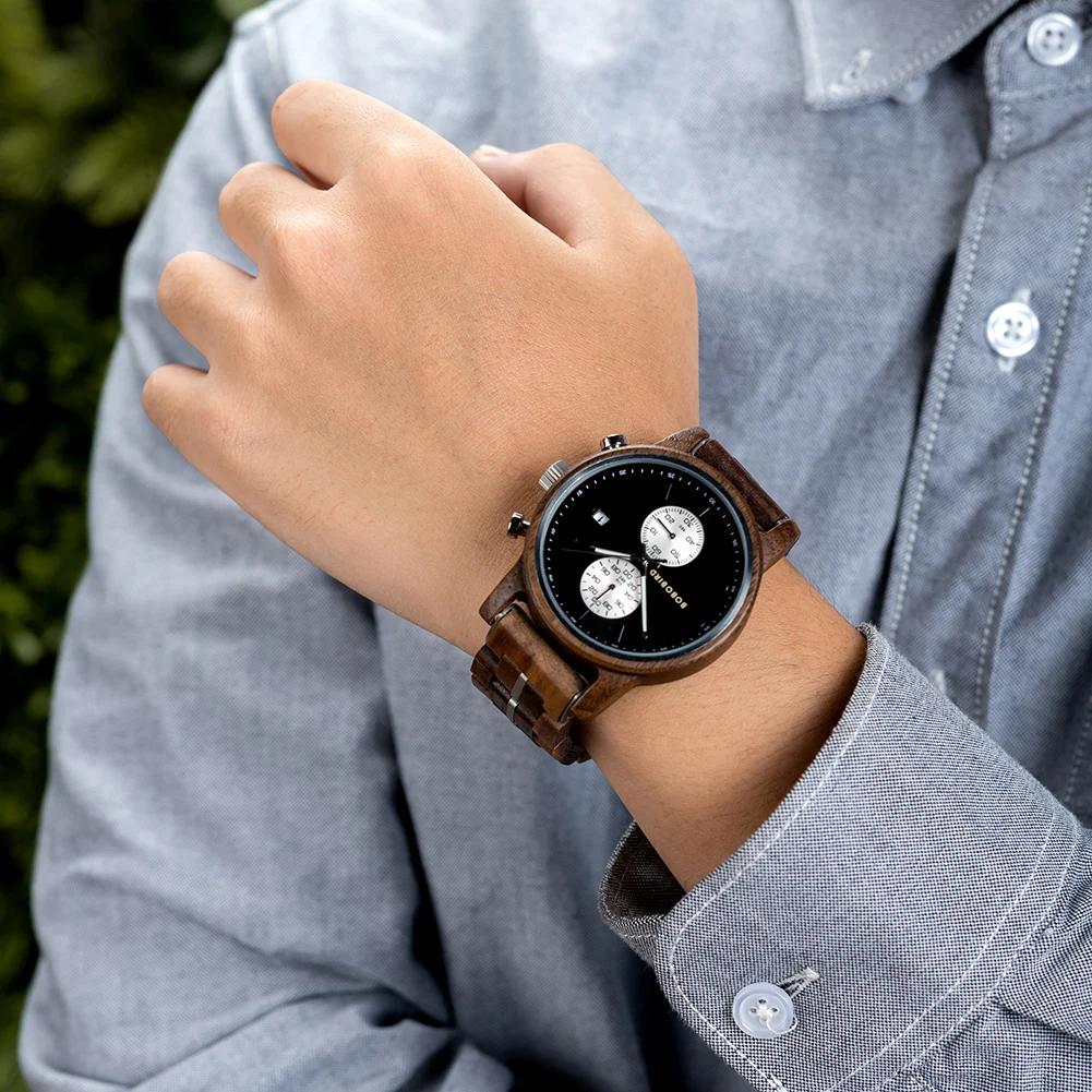 BOBO BIRD Wood Watches Men's Quartz Wristwatches Chronograph Date Display Timepiece For Men Great Gift With Wooden Box Dropship