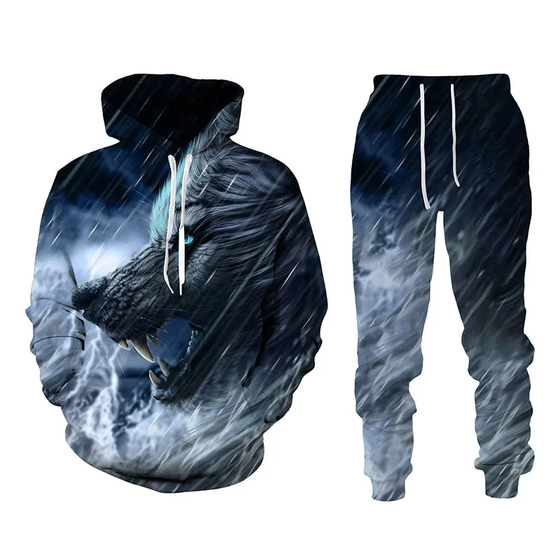 2021 autumn and winter 3d animal ferocious wolf print men's fashion hooded loose sweater sportswear long-sleeved plus size suit women jeans 2021 new spring korean high waiste jeans female loose feet pants slim harlan long pants mother denim trousers blue