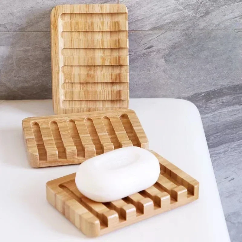 Wooden Soap Dishes with Water Drain Natural Home Portable Bamboo Soap Sponge Holder Bathroom Accessories Organizer Tray