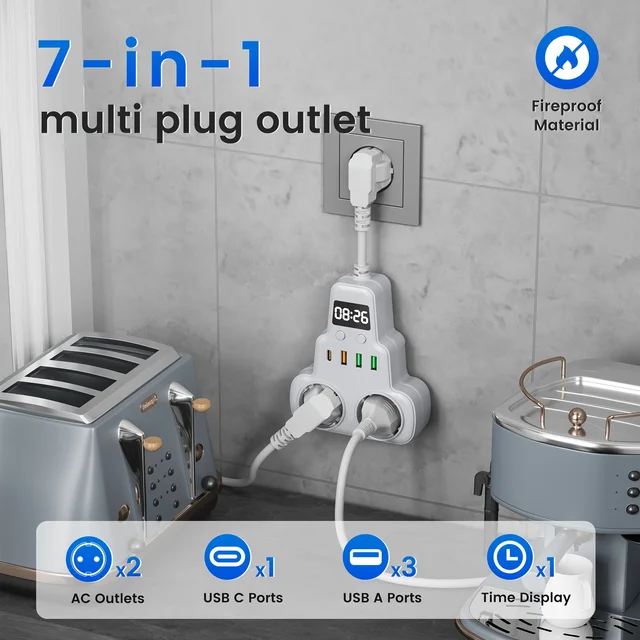 ปลั๊กไฟแบบ EU พร้อมเต้ารับไฟฟ้า AC 2 ช่อง และเต้ารับไฟฟ้าในครัวเรือนแบบหลายช่อง USB Type-1 C 3 ช่อง 1