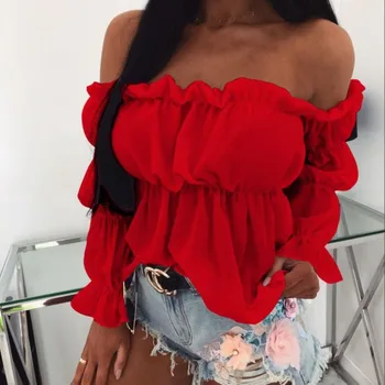 Women's Fashion One-line Collar Waist Shirt Women's Pleated Casual Long Sleeve Solid Color Shirt Woman 1