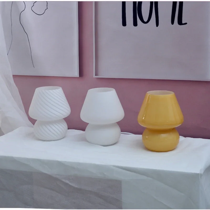 Glass LED Desk Lamp Bedroom Bedside Korean Ins Style Striped Mushroom Table Lamp Decor Cute Glass Translucent Bedside table lamp