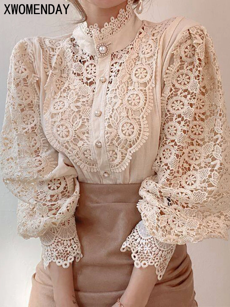 Camicia dolcevita con bottoni in chiffon da donna Chic Elegante pizzo floreale Fluffy Manica lunga Top Fashion Hollow Oversize White Camicetta 2023