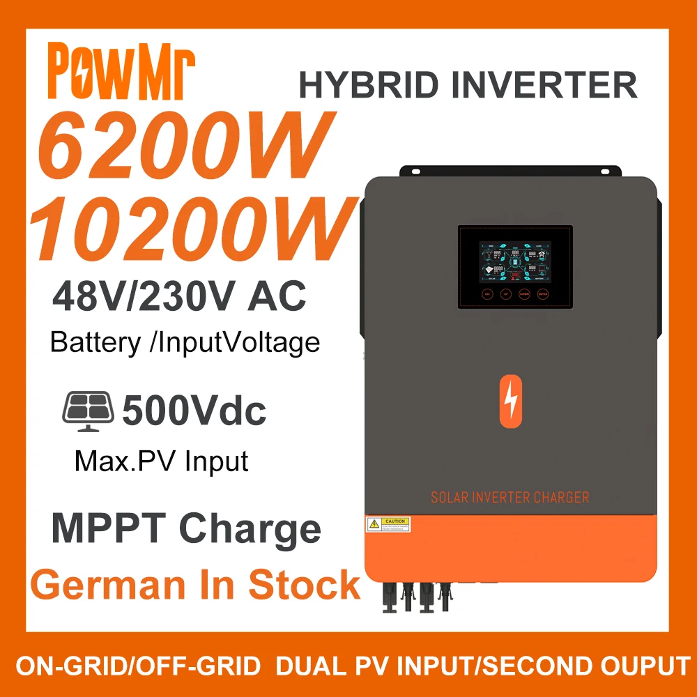 Powmr 4.2Kw 6.2Kw 10.2Kw Inverter Solare Ibrido Mppt Carica 120A 160A Off-Grid On-Grid Dc 24V 48V 230Vac Max Pv 500Vdc E Wifi