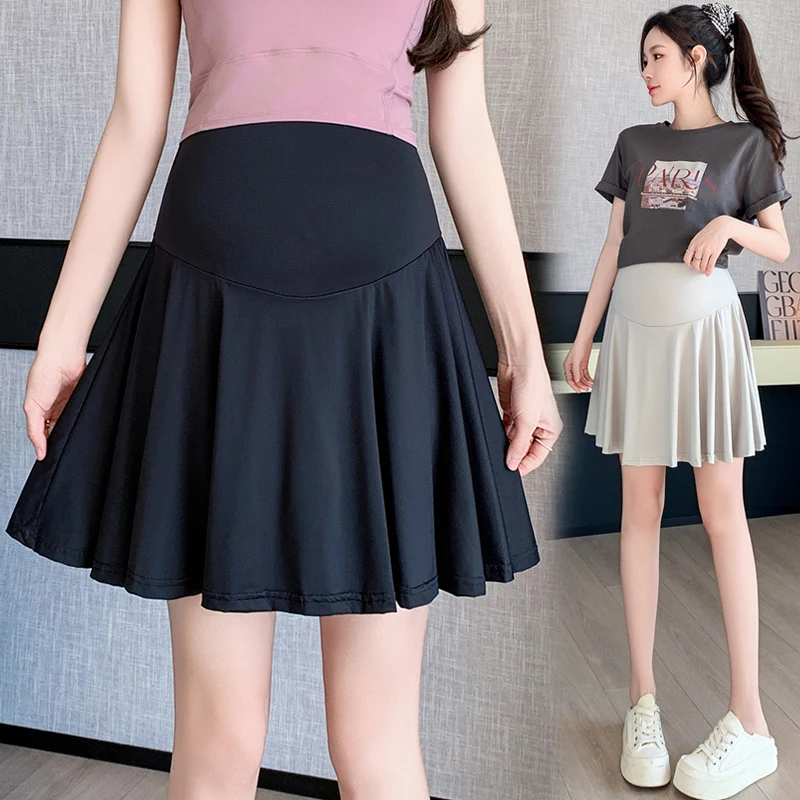 Summer Maternity Belly Skirts Solid Color Ice Silk Stretched Pregnant Woman Pleated Sport Skirt with Lining Short Skorts