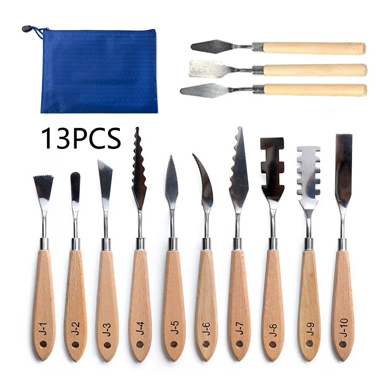

Oil Painting Profiled Scraper 13 Piece Suit Pen Bag Wooden Handle Creative Art Painting Creation Art Palette Knife