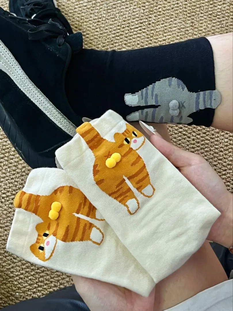1/2/4 Paar Lustige Damensocken mit Abstraktem 3D-Katzen-Ei-Muster, Weiche Bequeme Katzen-Po-Bedruckte Niedliche Mittellange Socken – Detail 13