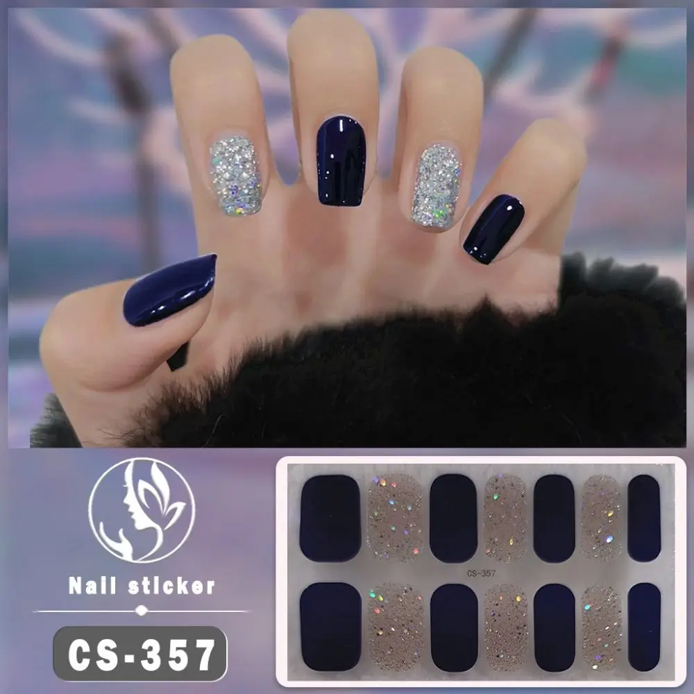 thumbnail image 1 of 14 Strips Semi Cured Gel Nail Stickers Full Cover French Nail Art Gel Nail Polish Strips Glittering Nail Art Stickers, 1 of 4