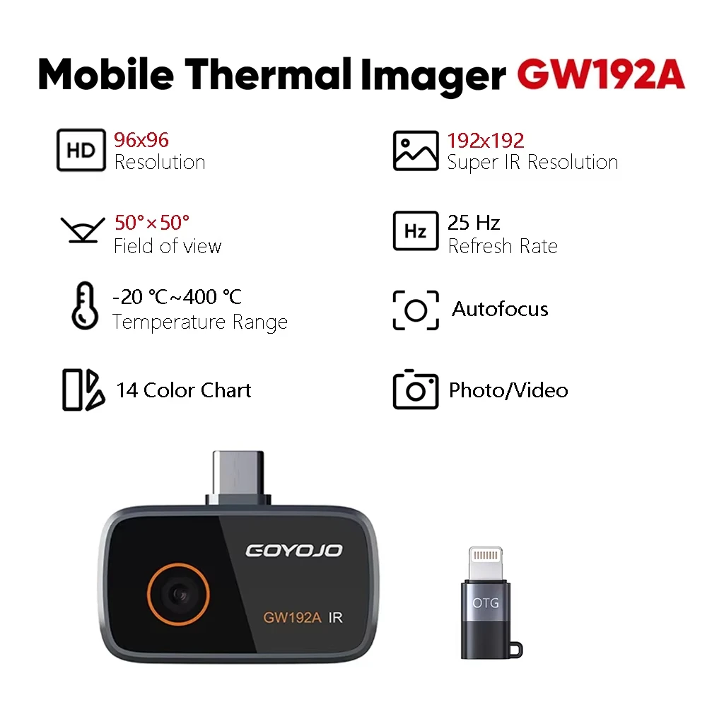 Caméra thermique GW340 pour iPhone et Android, super résolution 512x384, résolution IR 256x192, imageur thermique pour téléphones mobiles, port type-c
