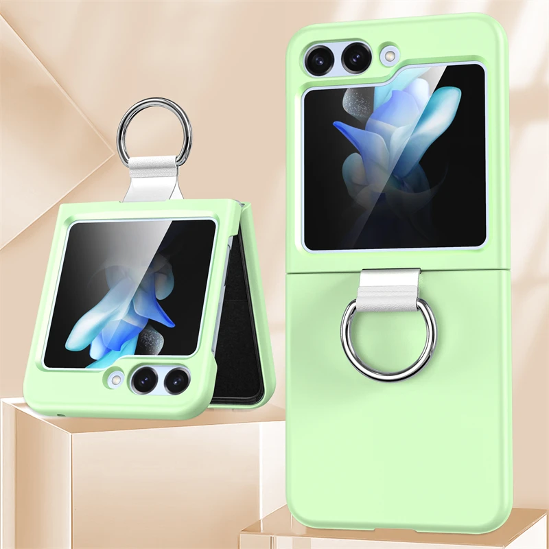 Solid Color Folding Case with Finger Ring Buckle - Shockproof Matte Clear Cover