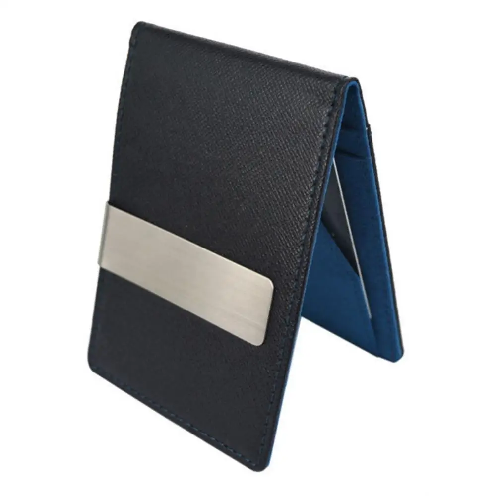 Hot Sale Fashion Solid Men's Thin Bifold Money Clip Leather Wallet with A Metal Clamp Female ID Credit Card Purse Cash Holder