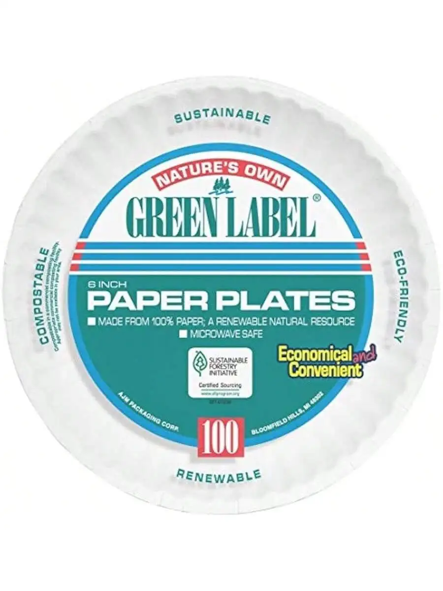 AJM AJMPP6GRE Green Label Paper Plates Microwavable 6" Diameter 30 Pack of 100