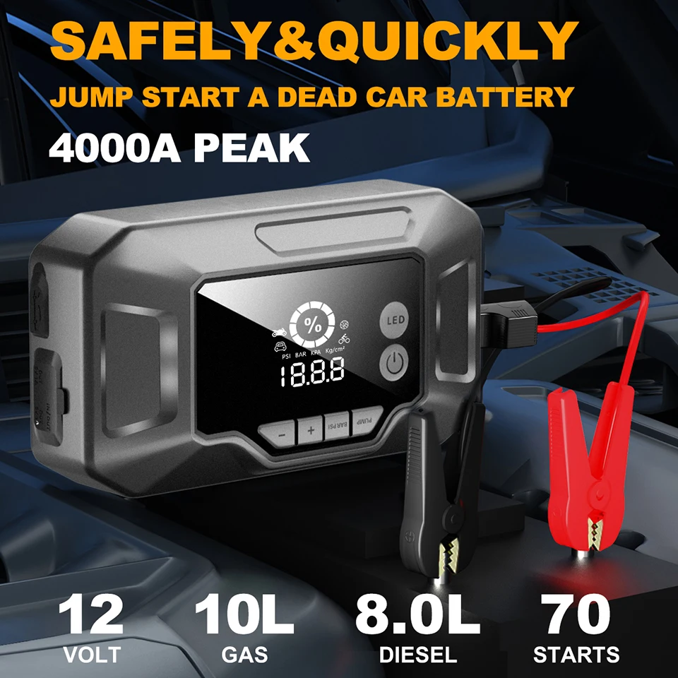 E-ACE150 PSI Fast Emergency Power Bank Car Clip Auto Igniter Jump Starter Tire Inflator Air Compressor USB Rechargeable