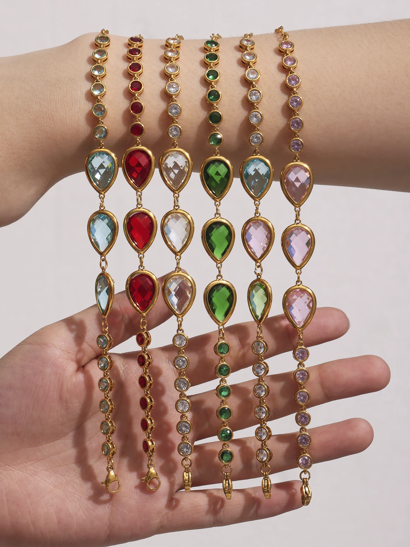 Riesenrad Buntes Wassertropfen-Edelstahl-Armband für Damen, luxuriöser Zirkon-Kristall, vergoldeter Charm-Schmuck – Detail 5
