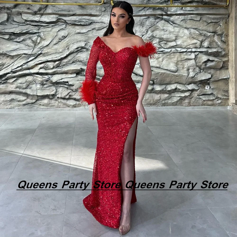 

Weilinsha Hot Red Evening Dress Mermaid Long Sleeves V Neck High Slit Beading Sequin Feathers Prom Gown Formal Party Dresses