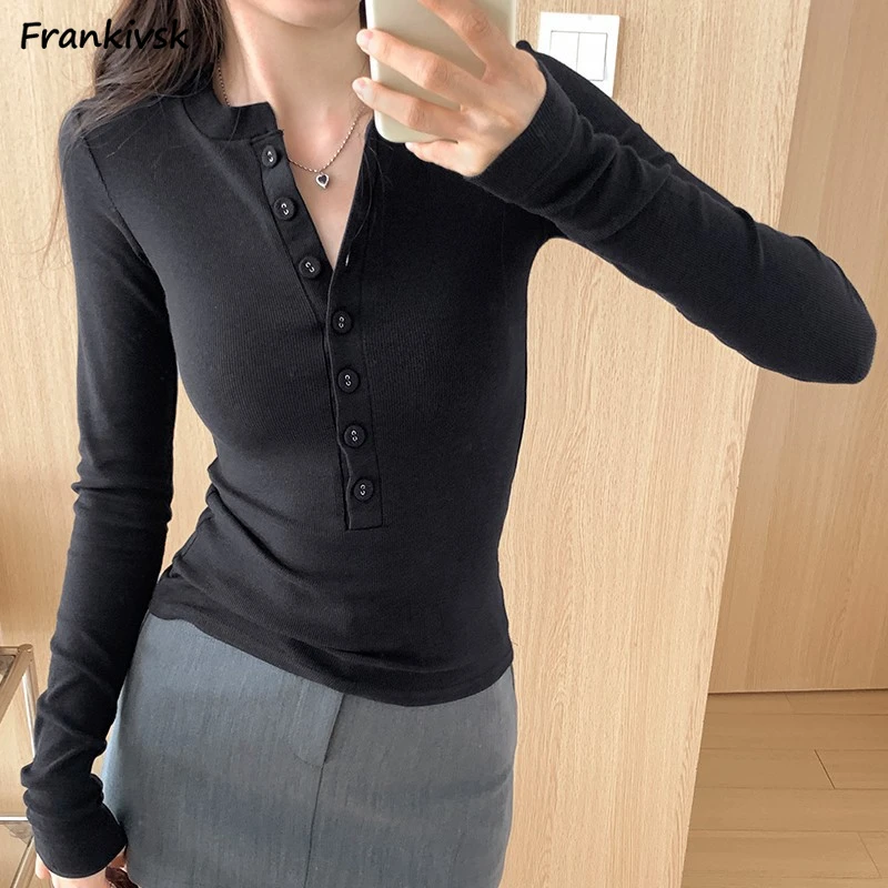 

T-Shirts Women Long Sleeve Button O-neck Autumn Hotsweet Tees Japanese Style Soft Sexy Stylish Holiday Basics Clothing