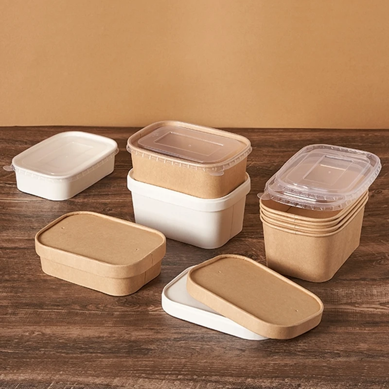 

25pcs Ellipse White Bento Pack Paper Lid Box Disposable Oil Proof Take-out Lunch Boxes Food Dessert Salad Kraft Paper Packing