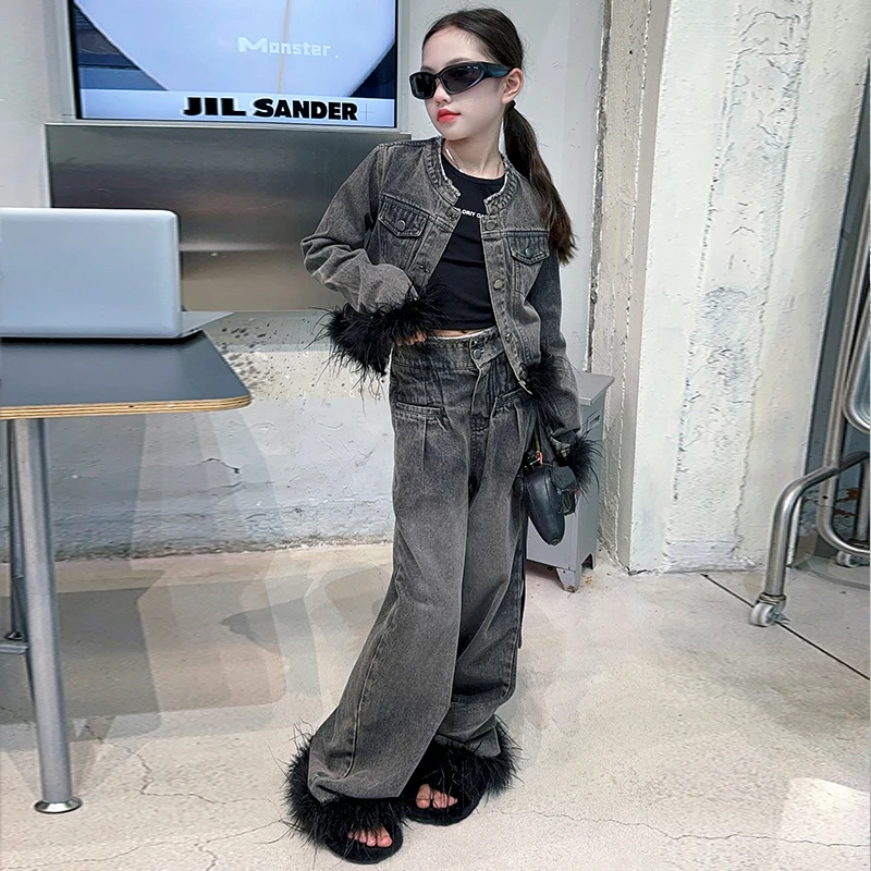 teen girls Retro Hairy edge patchwork denim clothes set cowboy