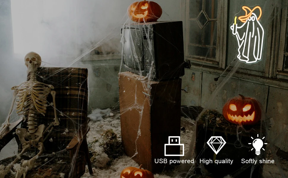 Description Picture 3 of itemMagician Ghost Neon Signs Halloween Decoration Anime Room Decor Dimmable Led Lights For Spooky Festival Party Bar USB Wall Lamp