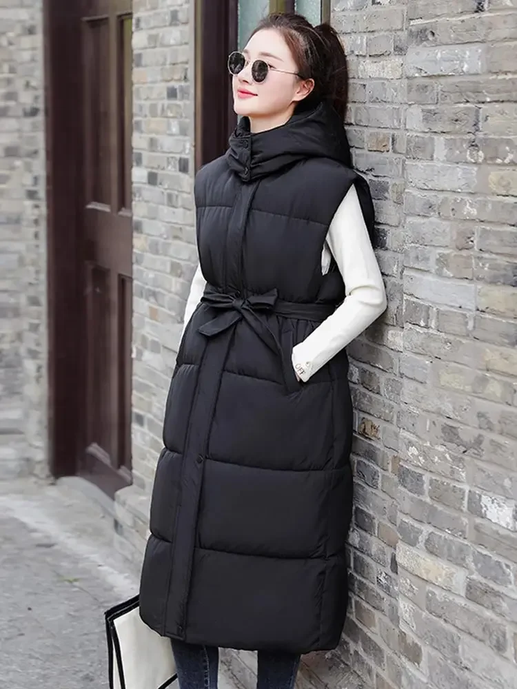 Vielleicht New Long Winter Cotton Vest  Jacket Women Warm Coat Hooded Zipper Sleeveless Overcoat Loose Bow Tie Sashes Waistcoat