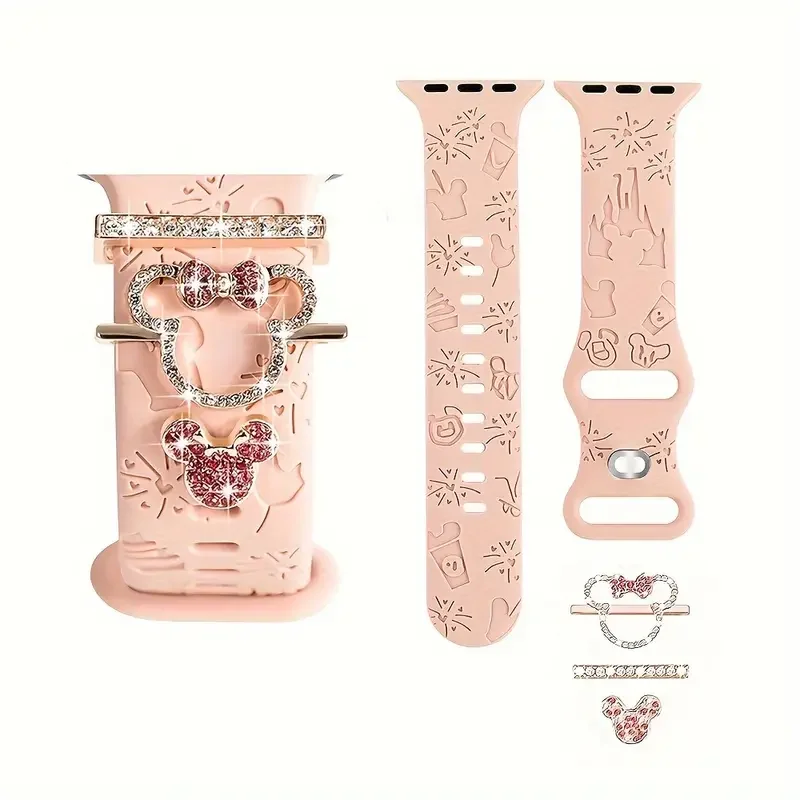3pc Cartoon Rhinestone Watchband Loops Adorable Metal Charms for iWatch Series Zinc Alloy Deployant Clasp Set of 3