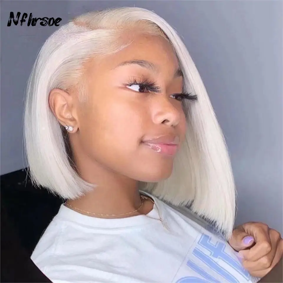 

Straight Short Bob Lace Front Wig Platinum Blonde HD Transparent Lace Frontal Wig Brazilian Remy Lace Frontal Wig For Women