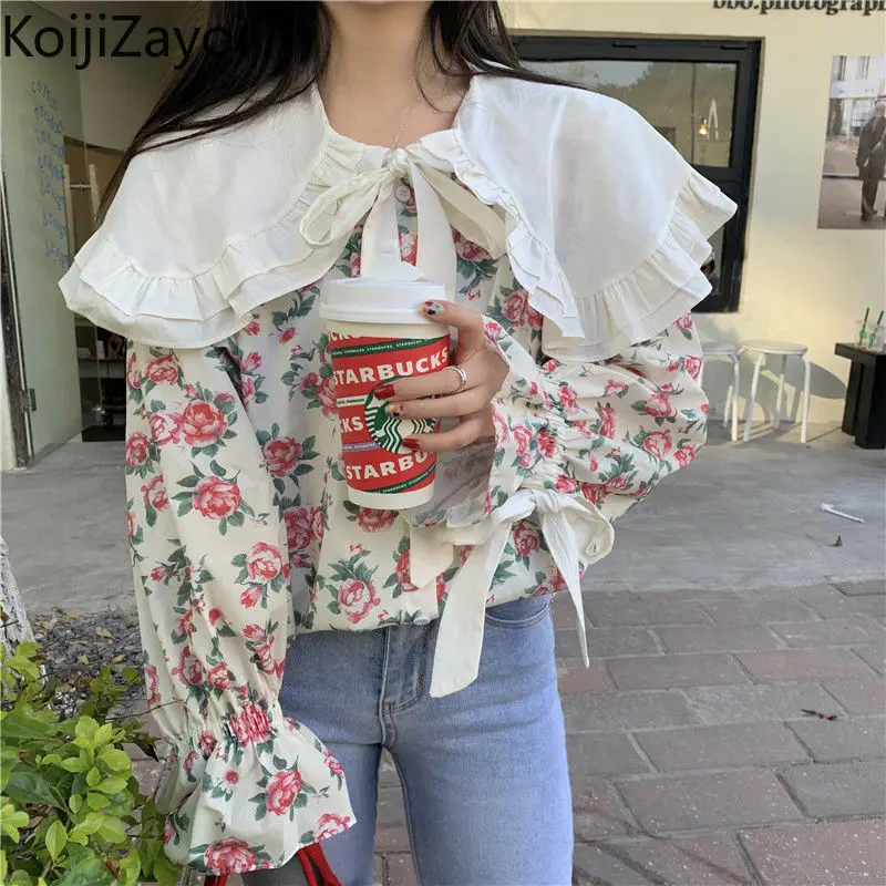 

Koijizayoi Sweet Women Flower Spring Blouse Ruffed Chic Lady Korean Shirts Long Sleeves Bow All Match Blusas Outwear Tops 2022