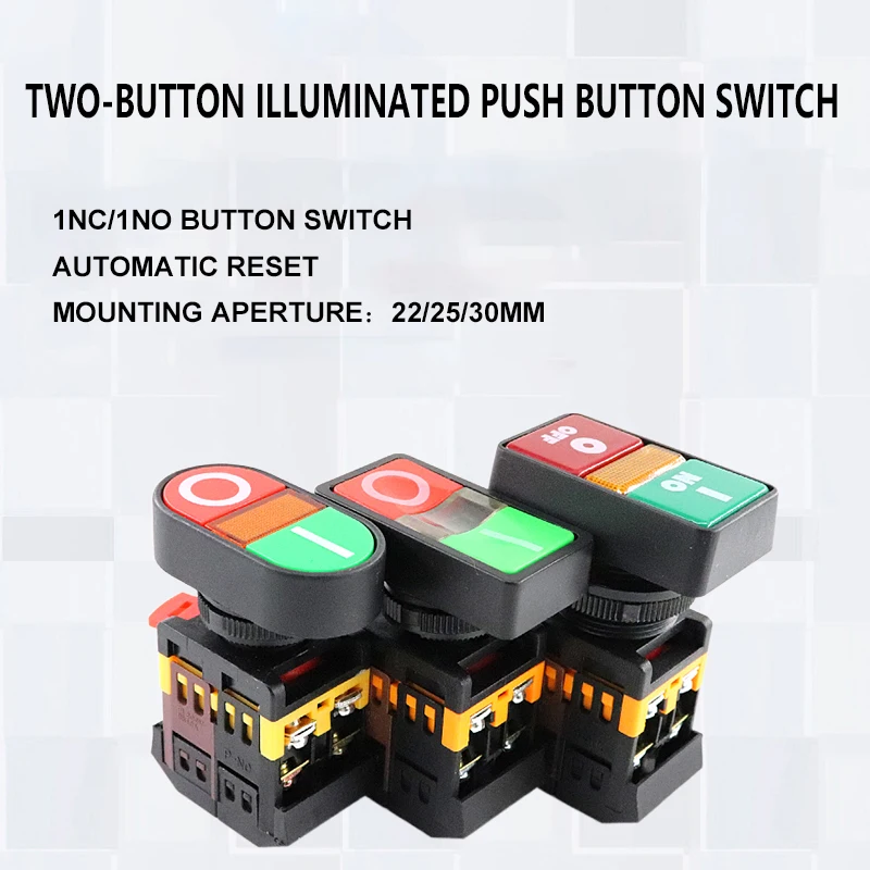 Aperture 22/25/30mm APBB/AS/PPBB on/Off Start Stop Double Bond Push Button Switch 10A/660V Self-reset/with Lamp Machine Switch