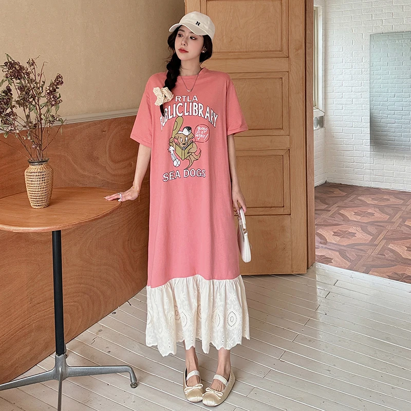 

Europe America Fashion Print Letter Patchwork Lace embroidery Sweet Girl's Chic Loose Summer Dress For Women Casual Long Dress