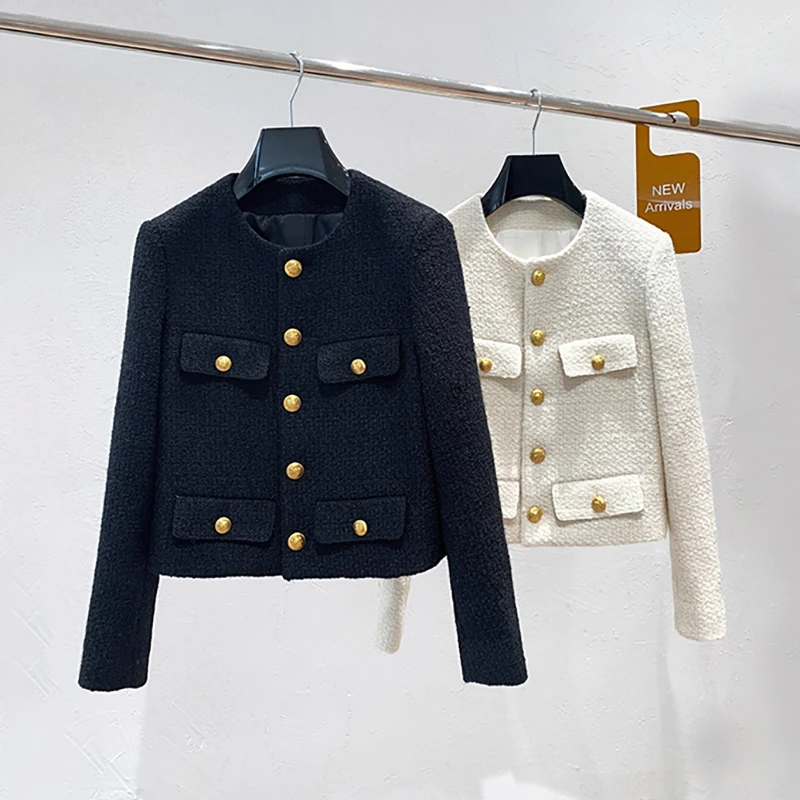 

Small Fragrance Fashion Button Single Breasted Short Jacke Coat Women Vintage Elegant Tweed Black Cosaco Outerwear Traf Clothes