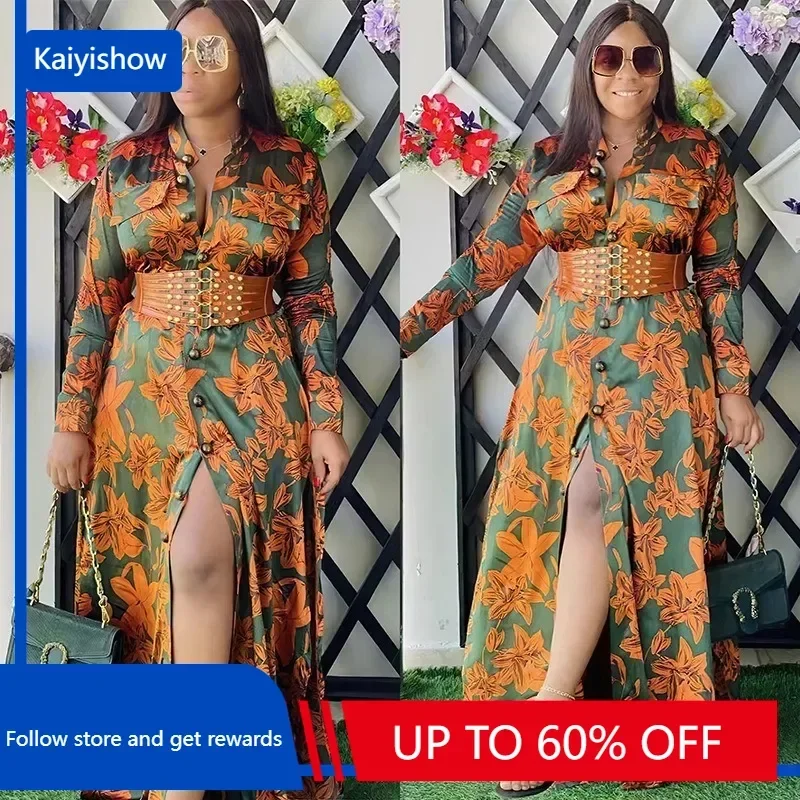 Wide Belt African Long Dresses for Women 2023 Traditional Nigeria Flower Print Caftan Dress Abaya Musulman Robe Femme Clothes