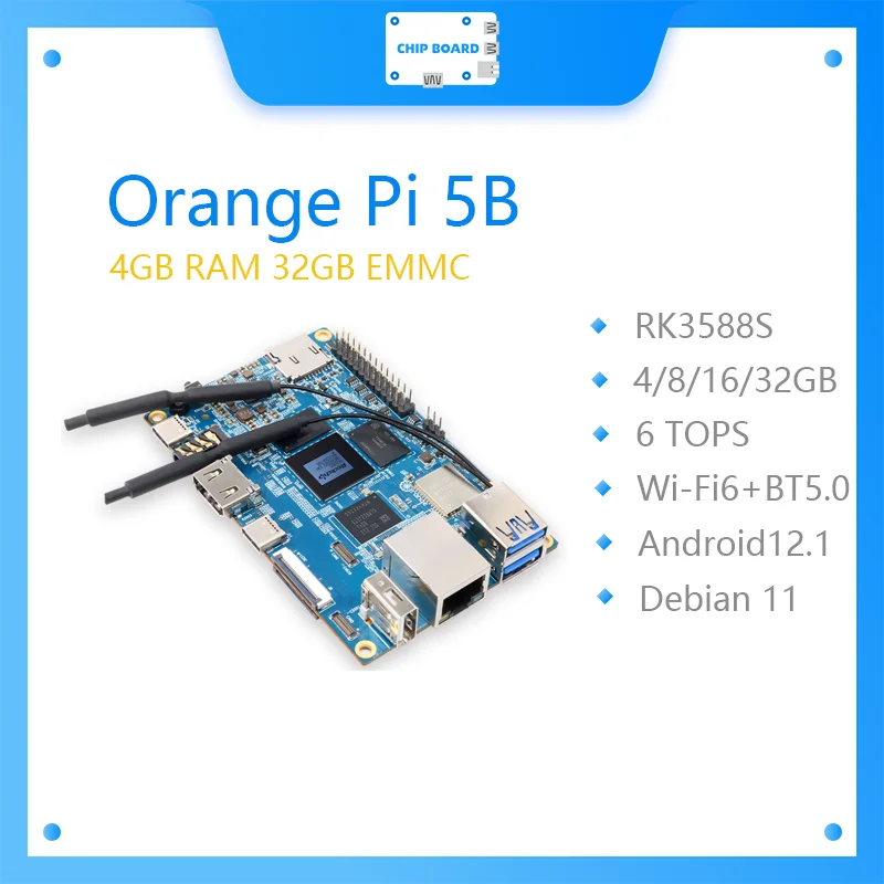 

Orange Pi 5B 32GBRAM256GB EMMC 64-bit Rockchip RK3588S Dual-band On-board WIFI+BT Gigabit Lan Port Mini PC Single Board Computer