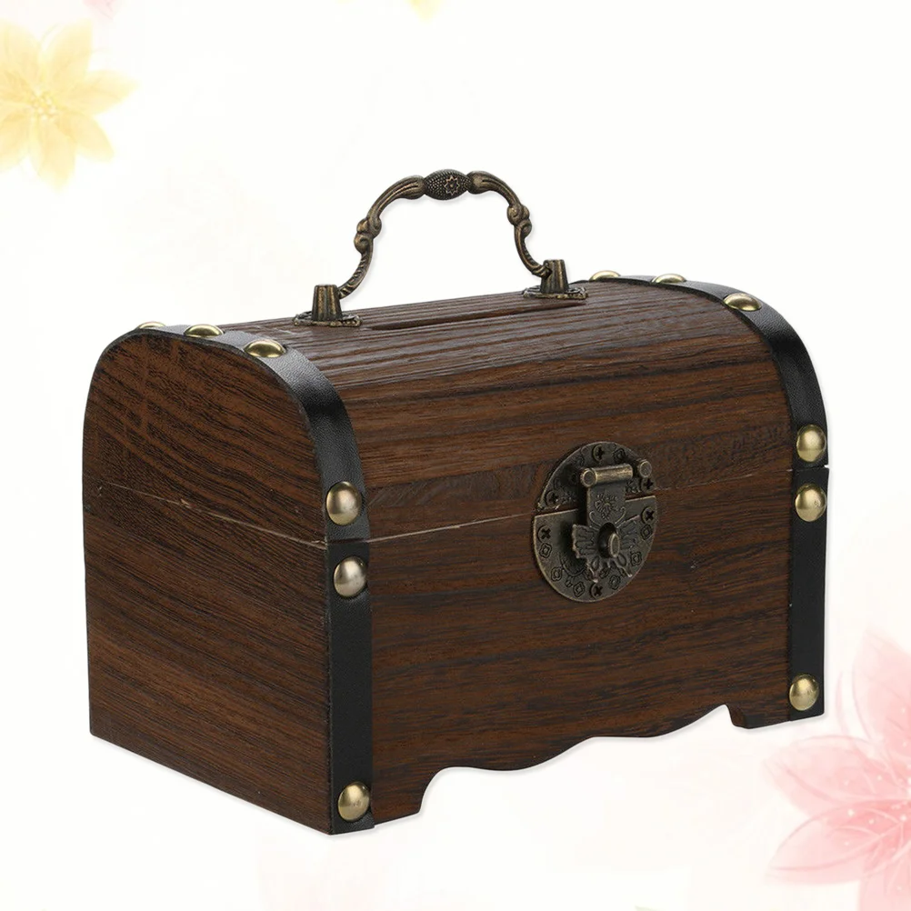 Wooden Treasure Box Piggy Bank Storage Containers Money Saving Antique Design Vintage Chest Handmade Kids Gift Home Storage 4