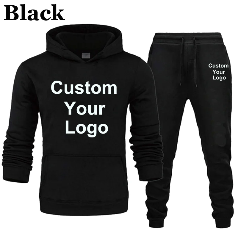 Custom Your Logo Hoodies Pants 2Pcs/Sets Sweatshirt Sweatpants Male Gyms Fitness Tops Trousers Joggers Sportswear Tracksuits 2